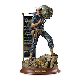 US Navy Pride Commemorative Sculpture Edition limited to 5,000! Handcrafted sculpture portrays a Navy seaman at the ready. Metal banner backdrop bears a stanza from "Anchors Aweigh."
Measures 12-1/2" H