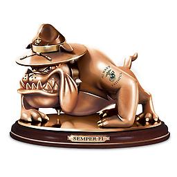 USMC Devil Dog Cold-Cast Bronze Tribute Sculpture Limited-edition US Marines bulldog mascot cold-cast bronze sculpture with USMC emblem and motto tattoo, mahogany-finished base, weighs 3 pounds.
Measures 6-1/2" H