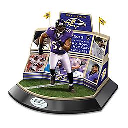 Baltimore Ravens Ray Lewis Retirement Commemorative Stadium Officially-licensed Super Bowl XLVII sculpture with game photos and hand-painted Ray Lewis figure honor his career. Edition limited to 2,013.
Measures 6" W x 7" H