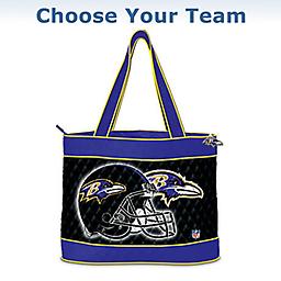 NFL Tote Bags With 2 FREE Cosmetic Cases Choose your favorite team! Officially licensed quilted fabric tote bags feature logos, artwork, metallic logo zipper pulls. 2 FREE accessory cases!
Measures 14" W x 11" H x 4" D