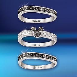 Mickey Mouse "Hidden Message" Three Band Engraved Ring Engraved Mickey Mouse sterling silver ring with black and white Diamonesk® simulated diamonds, silhouette of Mickey's face and ears. Gift box.