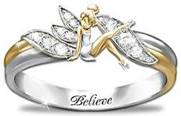 Tinker Bell "Believe" Two-Toned Engraved Ring Embrace The Magic Ring
Solid sterling silver with 18K-gold plating, engraved with "Believe." Diamonesk® stones embrace Tinker Bell and light up her wings. Gift box.