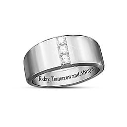 Sterling Silver Men's 3-Diamond Ring With Engraved Message Today, Tomorrow And Always Diamond Ring
Solid sterling silver men's ring in bold contemporary design with 3 genuine diamonds. Engraved inside with "Today, Tomorrow and Always"; gift box.