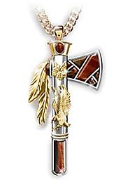 "Sacred Spirits" Tiger's Eye Tomahawk Pendant Necklace Handcrafted of solid sterling silver with genuine Tiger's Eye inlays, 24K gold-plated sculptures of wolf and eagle, plus much more. With gift box.
Pendant measures 2" L from top of bail: chain measur