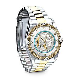 Indian Head Nickel Two-Toned Men's Watch Two-toned men's watch features a genuine Indian Head Nickel enhanced with 24K-gold plating, precision quartz movement, engraved backing. Gift box.
Watch face measures 1-13/32" in diameter