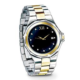 "Timeless Love" Engraved Diamond Men's Watch Romantic engraved men's watch handcrafted in stainless steel with 24K-gold plating. 11 genuine diamonds. Precision quartz movement. Gift box.
Watch face measures approximately 1-3/16" in diameter