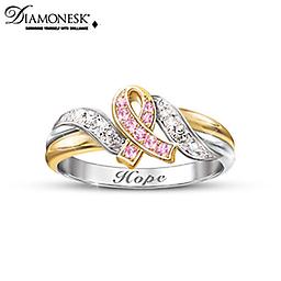 "Hope's Embrace" Breast Cancer Support Engraved Ring Help fight breast cancer with sterling silver ring with pink and white Diamonesk stones. Engraved with "Hope." Portion of proceeds donated. Gift box.