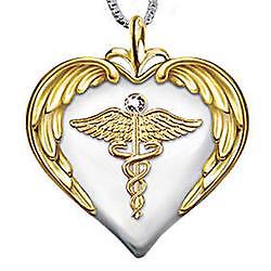 Nurse's Serenity Prayer Diamond Pendant Necklace Heart-shaped solid sterling silver design features angel wings and caduceus symbol plated in 24K gold. Genuine diamond, engraved verse. With gift box.