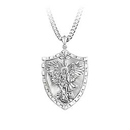 Triumph Of St. Michael Pendant Necklace For Sons Stainless steel pendant features shield-inspired dog tag design with sculpt of St. Michael defeating Satan. Cross; engraved sentiment. Gift box.
Measures 1-1/2" H; chain measures 24" L