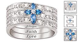 "Faith, Hope And Love" Diamond And Sapphire Ring Engraved inspirational 3-band ring design. Handcrafted in solid sterling silver. With 9 genuine diamonds and 4 sapphires. Gift box.