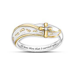 "Footprints In The Sand" Diamond Cross Engraved Ring Handcrafted solid sterling silver ring with infinity-wrap design, florentine-finish silver path, 18K gold-plated footprints, engraved quote. Gift box.