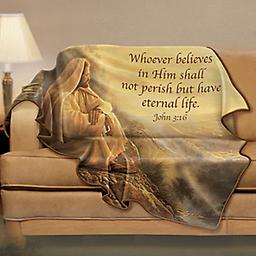 Greg Olsen Inspirational Art Fleece Blanket With Bible Verse Soft fleece blanket adorned with a stirring portrait of Jesus by acclaimed faith-based artist Greg Olsen next to a beloved biblical verse. 4 x 5 feet!
Measures 51" W x 63" L