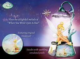 Tinker Bell's Musical Table Lamp Handcrafted Heirloom Porcelain® with four panels of authentic Disney art, simulated jewels, platinum. Canopy illuminates. Plays Disney melody.
Measures about 9" H