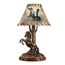 Chuck DeHaan Horse Art Table Lamp With Sculptural Base Blazing Glory Lamp
Edition limited to 3,000! Artist Chuck DeHaan's equine art on whip-stitched faux suede shade, bronze-toned horse sculpture on base. FREE light bulb.
Measures 17-1/2" H