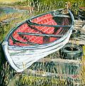 Print of Red and White Skiff - High quality Giclee prints. 