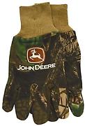 John Deere Deep Woods Camo Print Jersey Work Gloves 9 oz. jersey, knit wrist, Deep Woods Camo print, embroidered with John Deere logo. Large only.