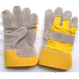 Grey split cowhide work glove with yellow cotton Grey split cowhide work glove with yellow cotton back,rubberized safety cuff, half lining, wing thumb, gunn pattern.Size:10.5¿